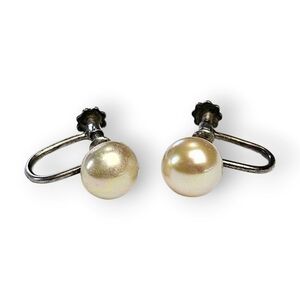 Vintage Sterling Faux Pearl Earrings Screwback 925 Silver Creamy Beige 50s 8MM